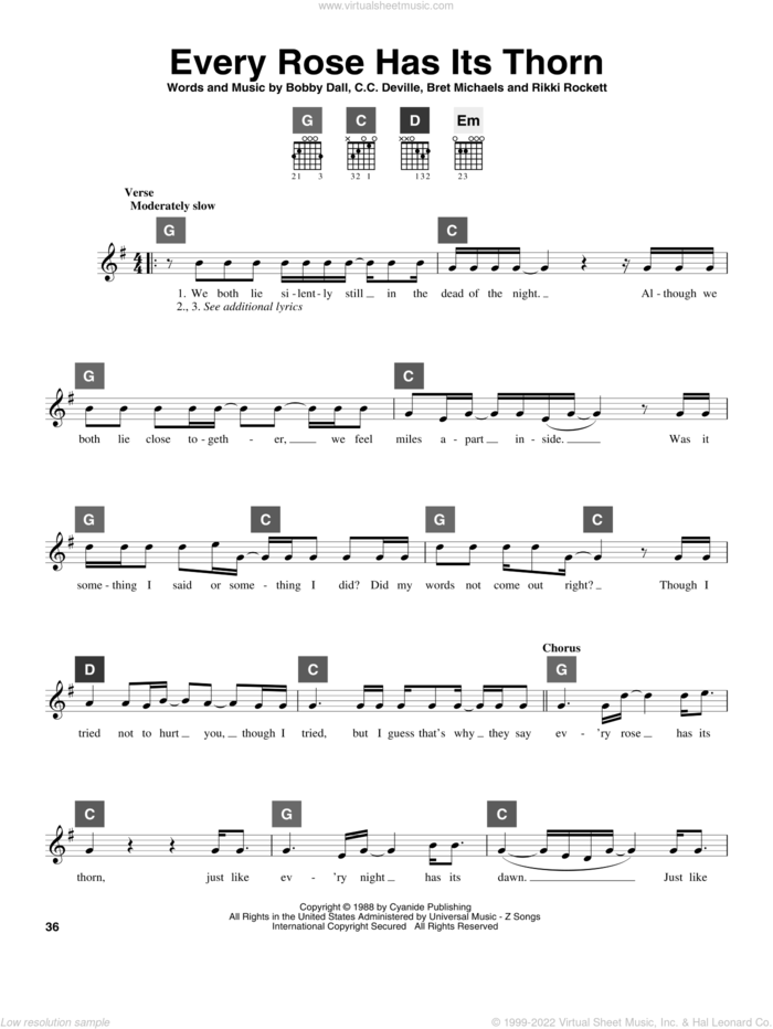 Every Rose Has Its Thorn sheet music for guitar solo (ChordBuddy system) by Poison, Bobby Dall, Bret Michaels, C.C. Deville and Rikki Rockett, intermediate guitar (ChordBuddy system)