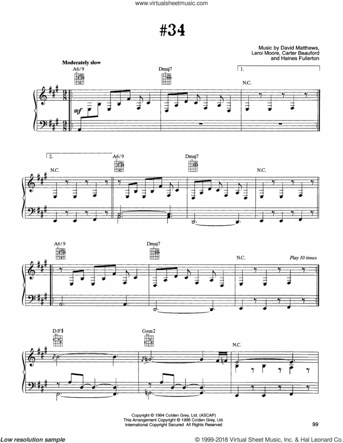 #34 sheet music for voice, piano or guitar by Dave Matthews Band, Carter Beauford, Haines Fullerton and Leroi Moore, intermediate skill level