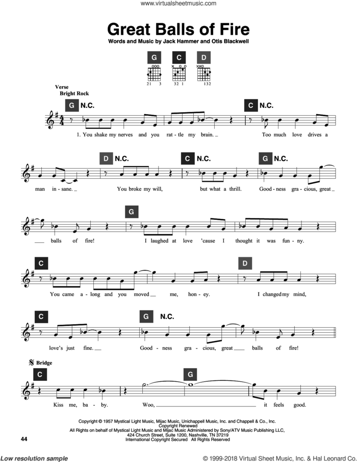 Great Balls Of Fire sheet music for guitar solo (ChordBuddy system) by Jerry Lee Lewis, Jack Hammer and Otis Blackwell, intermediate guitar (ChordBuddy system)