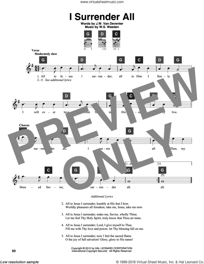 I Surrender All sheet music for guitar solo (ChordBuddy system) by Judson W. Van De Venter and Winfield S. Weeden, intermediate guitar (ChordBuddy system)
