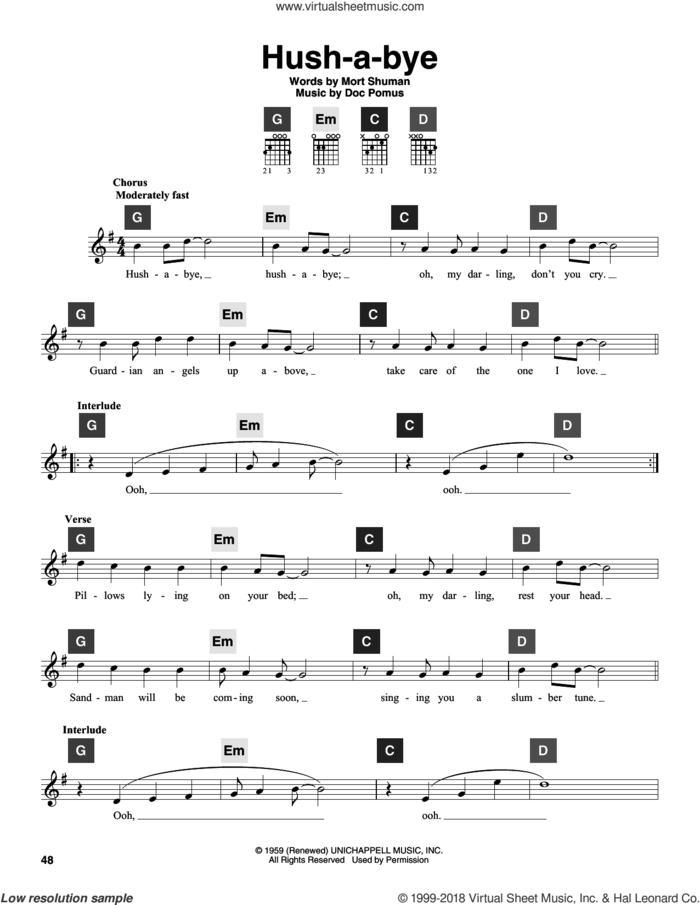 Hush-a-bye sheet music for guitar solo (ChordBuddy system) by Mystics, Doc Pomus and Mort Shuman, intermediate guitar (ChordBuddy system)