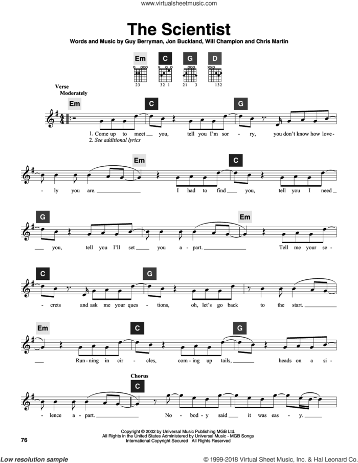 The Scientist sheet music for guitar solo (ChordBuddy system) by Coldplay, Chris Martin, Guy Berryman, Jon Buckland and Will Champion, intermediate guitar (ChordBuddy system)