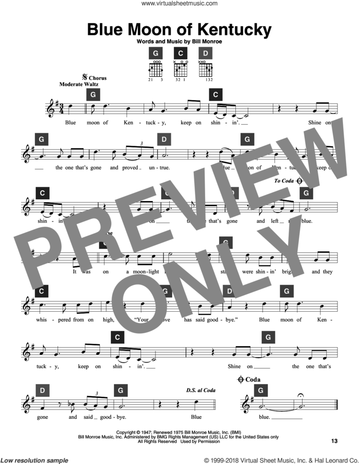 Blue Moon Of Kentucky sheet music for guitar solo (ChordBuddy system) by Bill Monroe, Elvis Presley and Patsy Cline, intermediate guitar (ChordBuddy system)