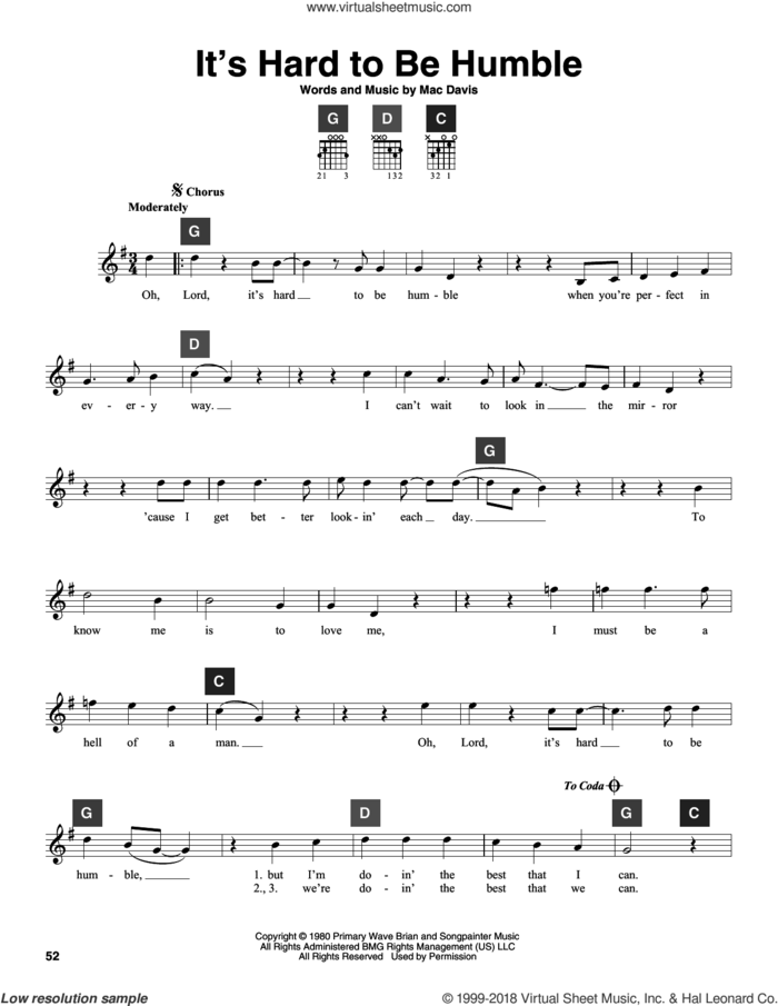 It's Hard To Be Humble sheet music for guitar solo (ChordBuddy system) by Mac Davis, intermediate guitar (ChordBuddy system)