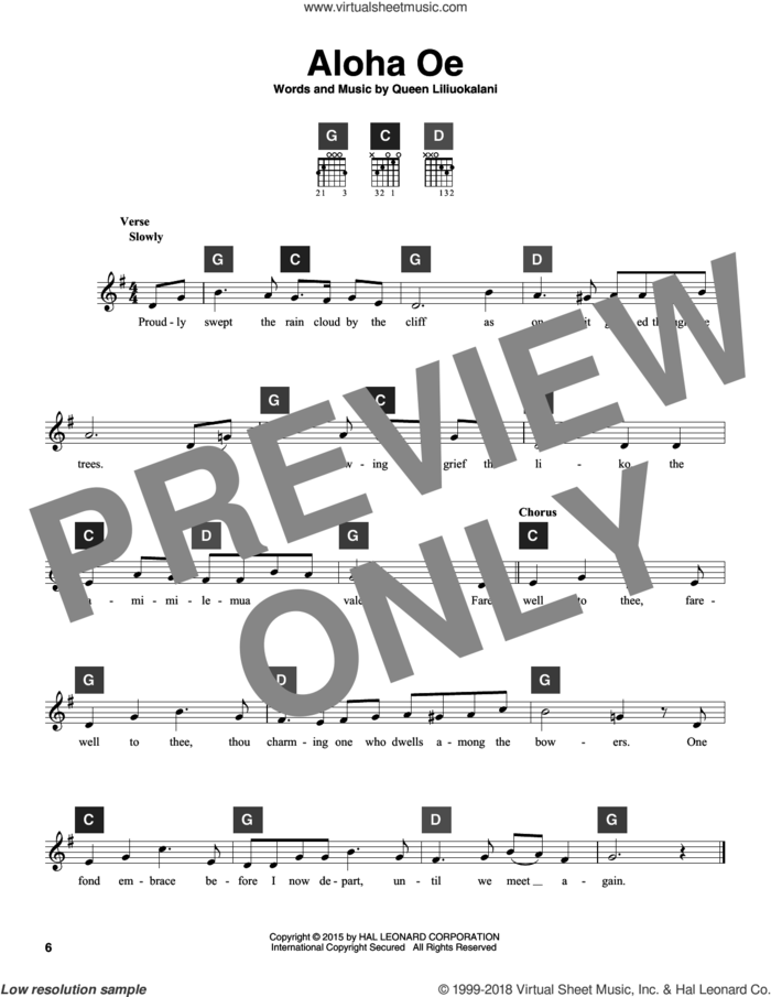 Aloha Oe sheet music for guitar solo (ChordBuddy system) by Queen Liliuokalani, intermediate guitar (ChordBuddy system)