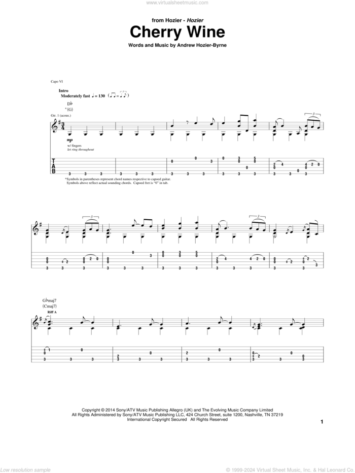 Cherry Wine sheet music for guitar (tablature) by Hozier and Andrew Hozier-Byrne, intermediate skill level