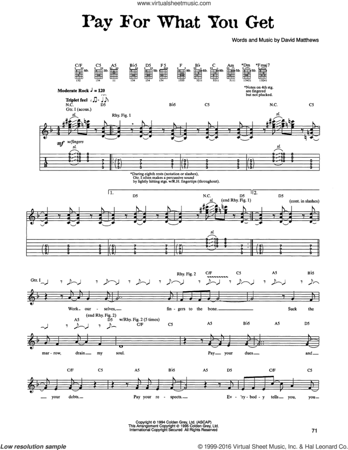 Pay For What You Get sheet music for guitar (tablature) by Dave Matthews Band, intermediate skill level