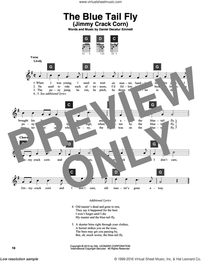 The Blue Tail Fly (Jimmy Crack Corn) sheet music for guitar solo (ChordBuddy system) by Daniel Decatur Emmett and Miscellaneous, intermediate guitar (ChordBuddy system)