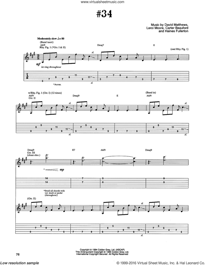 #34 sheet music for guitar (tablature) by Dave Matthews Band, Carter Beauford, Haines Fullerton and Leroi Moore, intermediate skill level