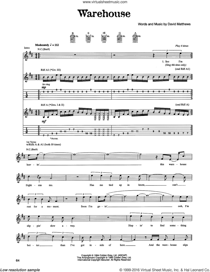 Warehouse sheet music for guitar (tablature) by Dave Matthews Band, intermediate skill level