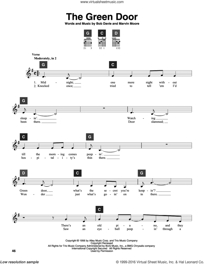 The Green Door sheet music for guitar solo (ChordBuddy system) by Jim Lowe, Bob Davie and Marvin Moore, intermediate guitar (ChordBuddy system)