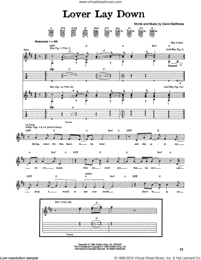 Lover Lay Down sheet music for guitar (tablature) by Dave Matthews Band, intermediate skill level