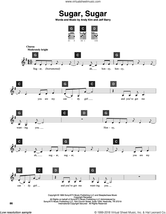Sugar, Sugar sheet music for guitar solo (ChordBuddy system) by The Archies, Wilson Pickett, Andy Kim and Jeff Barry, intermediate guitar (ChordBuddy system)
