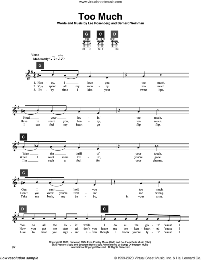 Too Much sheet music for guitar solo (ChordBuddy system) by Elvis Presley, Bernard Weinman and Lee Rosenberg, intermediate guitar (ChordBuddy system)