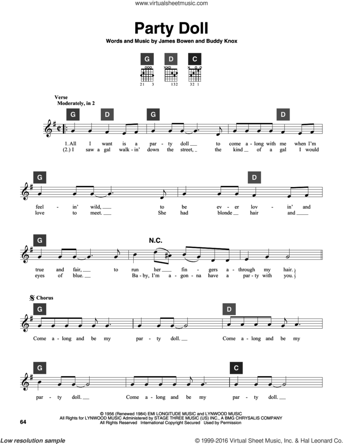 Party Doll sheet music for guitar solo (ChordBuddy system) by Buddy Knox and James Bowen, intermediate guitar (ChordBuddy system)