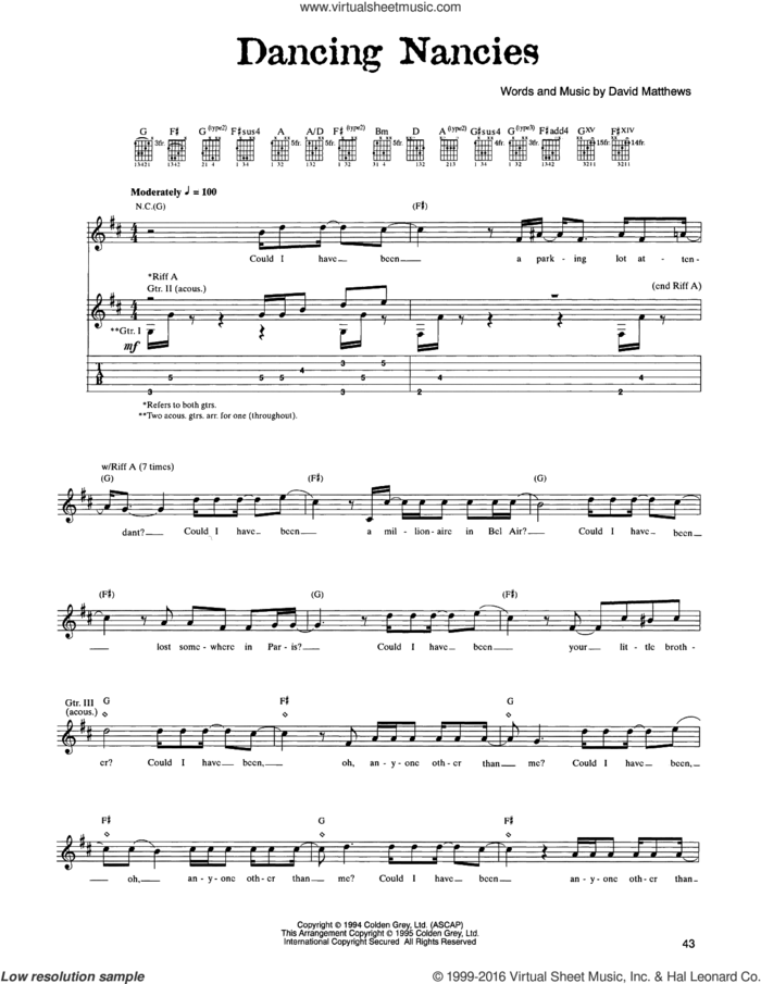 Dancing Nancies sheet music for guitar (tablature) by Dave Matthews Band, intermediate skill level