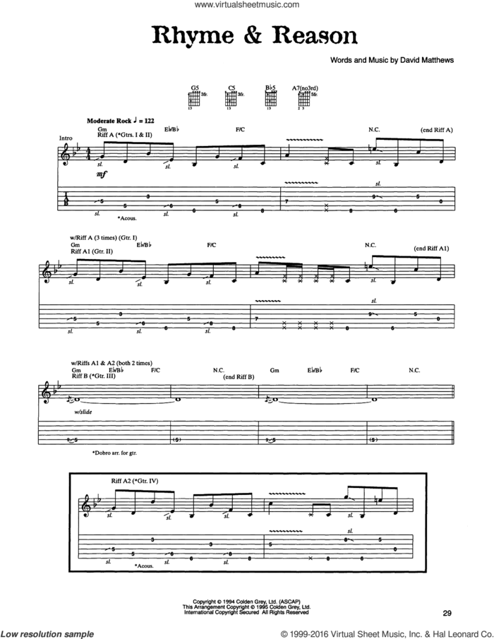 Rhyme and Reason sheet music for guitar (tablature) by Dave Matthews Band, intermediate skill level