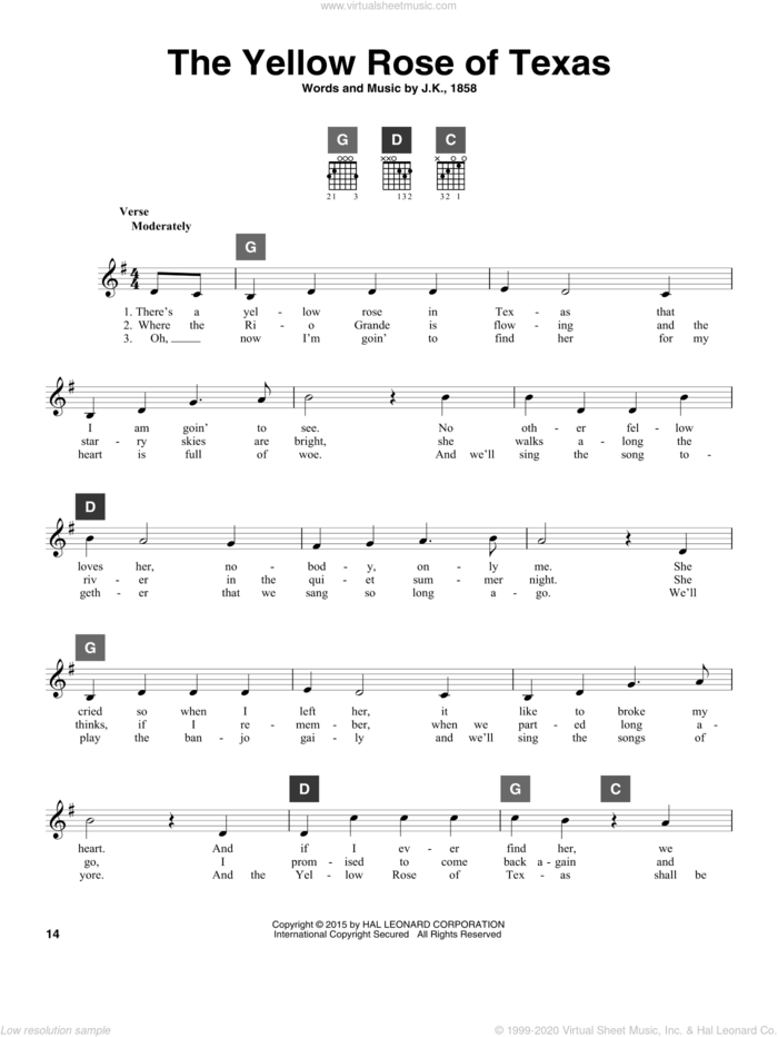 The Yellow Rose Of Texas sheet music for guitar solo (ChordBuddy system), intermediate guitar (ChordBuddy system)