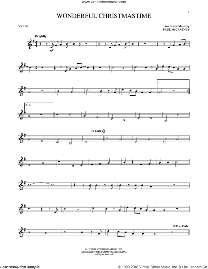 Wonderful Christmastime sheet music for violin solo by Paul McCartney, Eli Young Band and Straight No Chaser featuring Paul McCartney, intermediate skill level