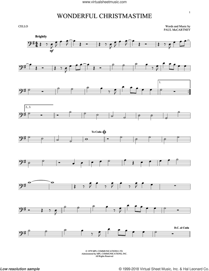 Wonderful Christmastime sheet music for cello solo by Paul McCartney, Eli Young Band and Straight No Chaser featuring Paul McCartney, intermediate skill level