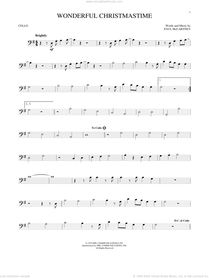 Wonderful Christmastime sheet music for cello solo by Paul McCartney, Eli Young Band and Straight No Chaser featuring Paul McCartney, intermediate skill level