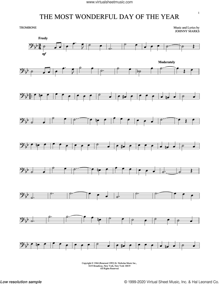 The Most Wonderful Day Of The Year sheet music for trombone solo by Johnny Marks, intermediate skill level