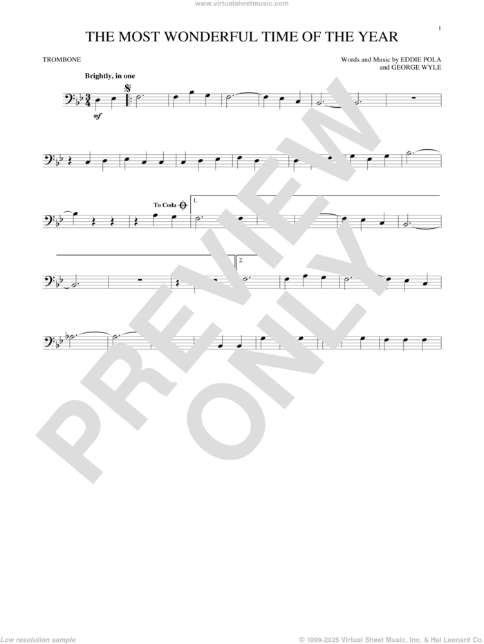 The Most Wonderful Time Of The Year sheet music for trombone solo by George Wyle, Andy Williams, Eddie Pola and George Wyle & Eddie Pola, intermediate skill level