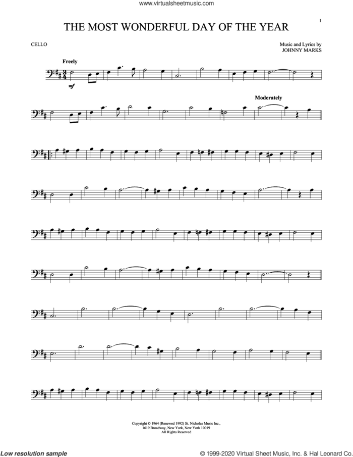 The Most Wonderful Day Of The Year sheet music for cello solo by Johnny Marks, intermediate skill level