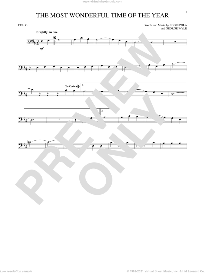 The Most Wonderful Time Of The Year sheet music for cello solo by George Wyle, Andy Williams, Eddie Pola and George Wyle & Eddie Pola, intermediate skill level