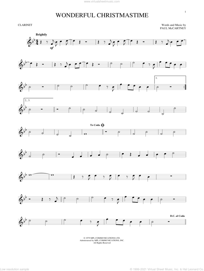 Wonderful Christmastime sheet music for clarinet solo by Paul McCartney, Eli Young Band and Straight No Chaser featuring Paul McCartney, intermediate skill level