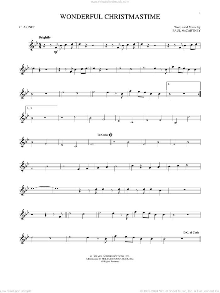 Wonderful Christmastime sheet music for clarinet solo by Paul McCartney, Eli Young Band and Straight No Chaser featuring Paul McCartney, intermediate skill level