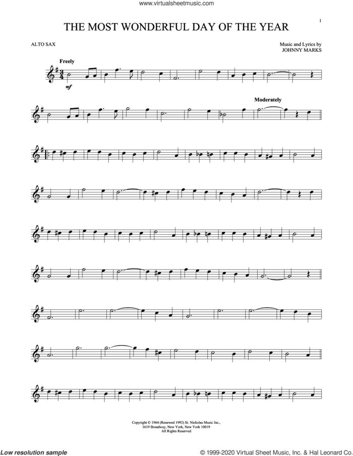 The Most Wonderful Day Of The Year sheet music for alto saxophone solo by Johnny Marks, intermediate skill level