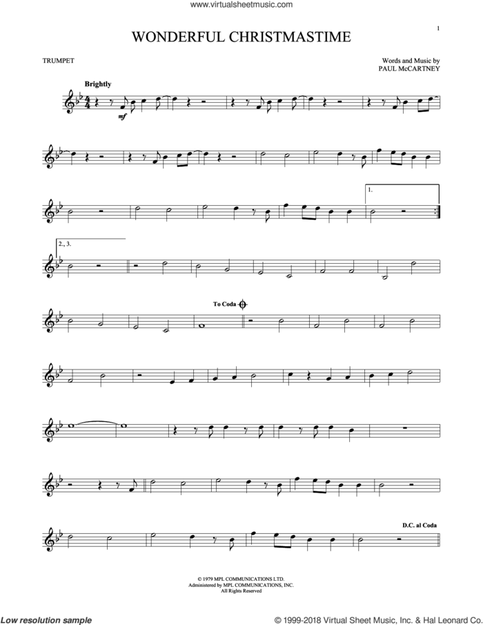 Wonderful Christmastime sheet music for trumpet solo by Paul McCartney, Eli Young Band and Straight No Chaser featuring Paul McCartney, intermediate skill level