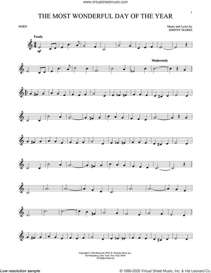 The Most Wonderful Day Of The Year sheet music for horn solo by Johnny Marks, intermediate skill level