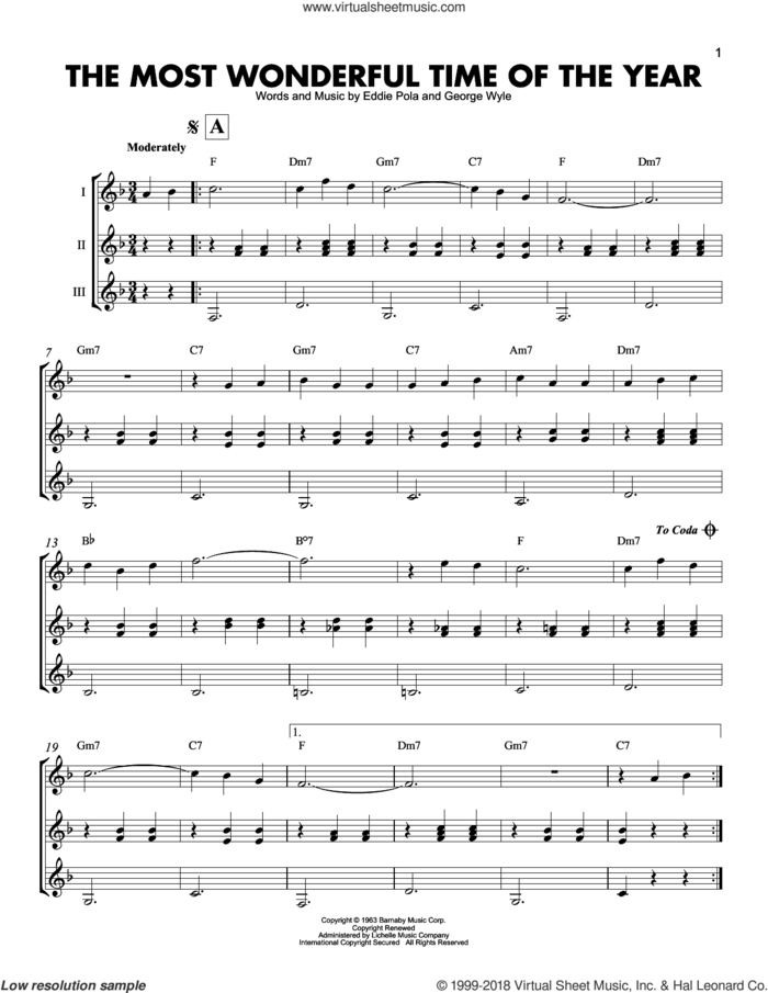 The Most Wonderful Time Of The Year sheet music for guitar ensemble by George Wyle, Andy Williams, Eddie Pola and George Wyle & Eddie Pola, intermediate skill level