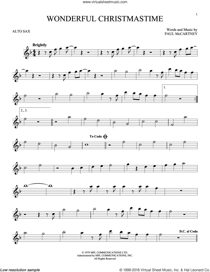 Wonderful Christmastime sheet music for alto saxophone solo by Paul McCartney, Eli Young Band and Straight No Chaser featuring Paul McCartney, intermediate skill level