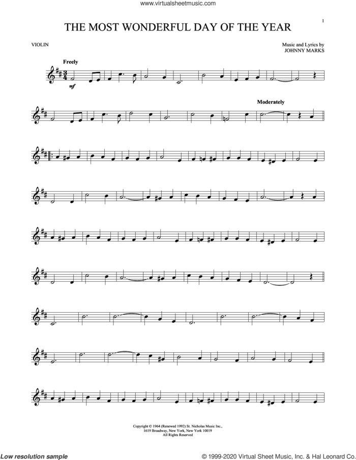 The Most Wonderful Day Of The Year sheet music for violin solo by Johnny Marks, intermediate skill level