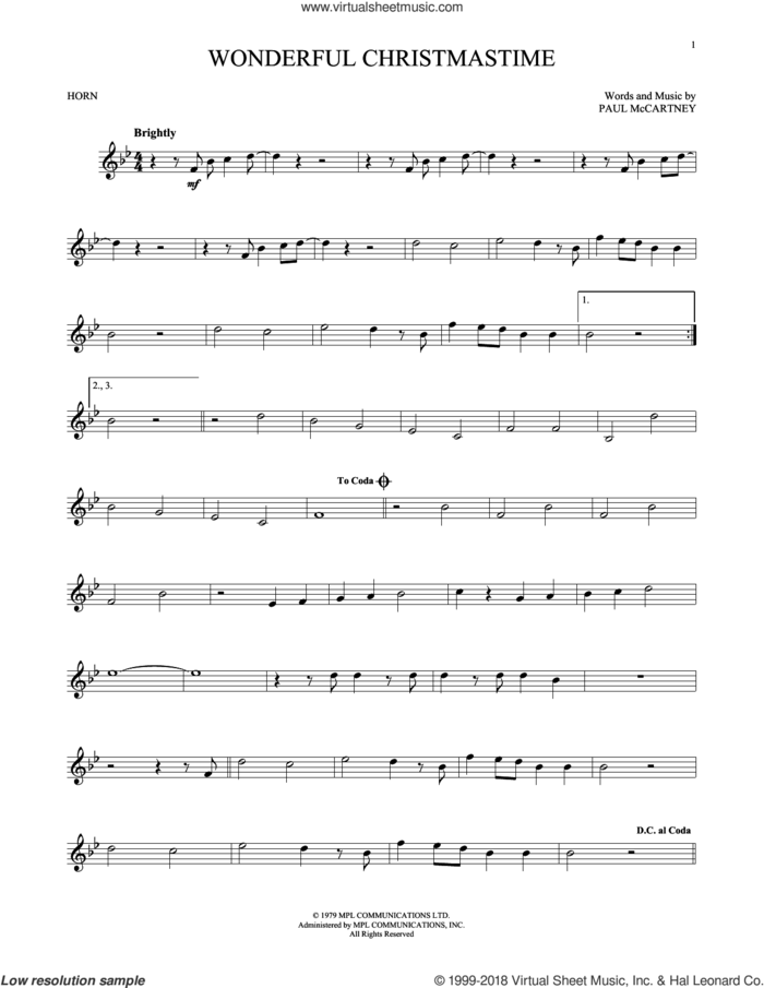 Wonderful Christmastime sheet music for horn solo by Paul McCartney, Eli Young Band and Straight No Chaser featuring Paul McCartney, intermediate skill level