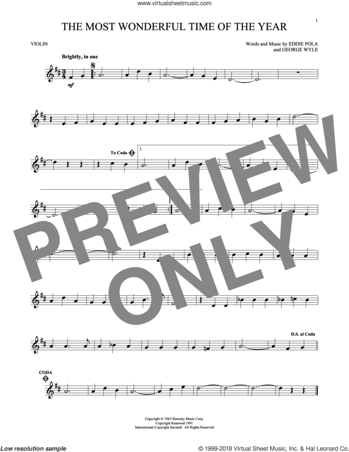 The Most Wonderful Time Of The Year sheet music for violin solo by George Wyle, Andy Williams, Eddie Pola and George Wyle & Eddie Pola, intermediate skill level