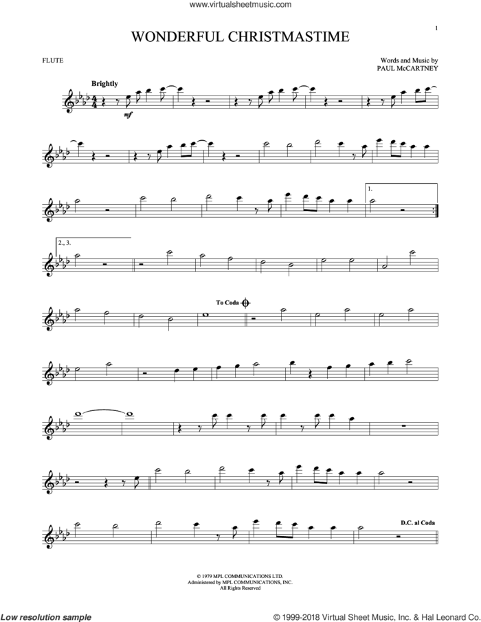 Wonderful Christmastime sheet music for flute solo by Paul McCartney, Eli Young Band and Straight No Chaser featuring Paul McCartney, intermediate skill level