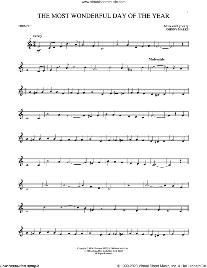 The Most Wonderful Day Of The Year sheet music for trumpet solo by Johnny Marks, intermediate skill level