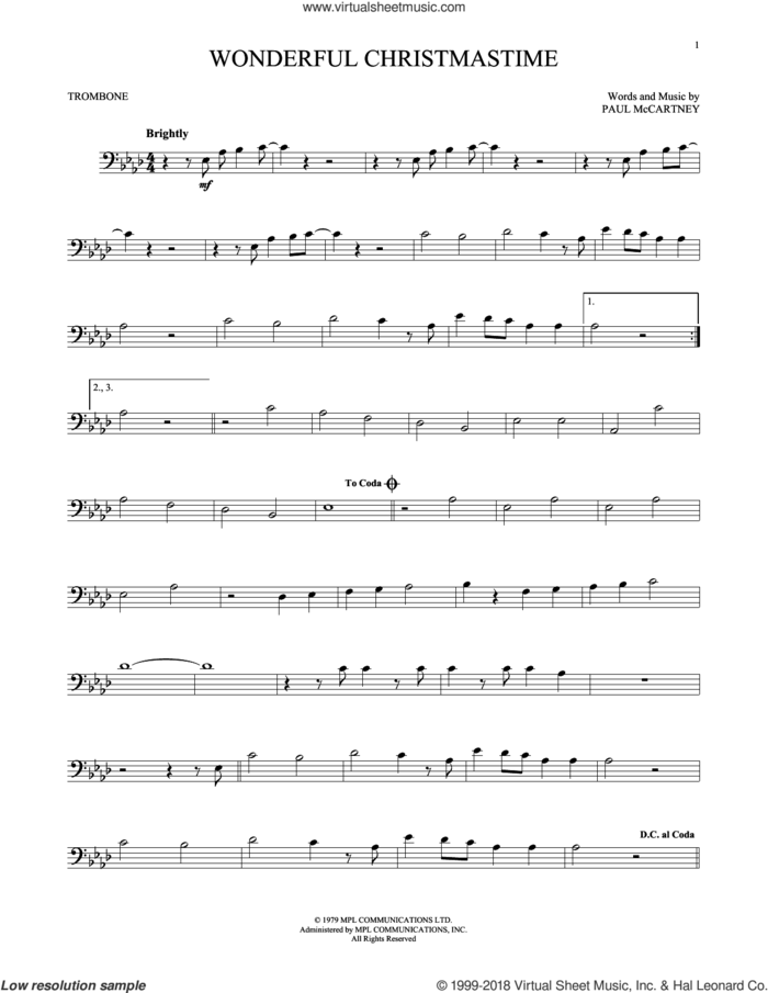 Wonderful Christmastime sheet music for trombone solo by Paul McCartney, Eli Young Band and Straight No Chaser featuring Paul McCartney, intermediate skill level