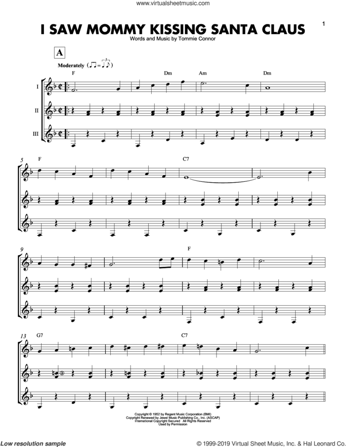 I Saw Mommy Kissing Santa Claus sheet music for guitar ensemble by Tommie Connor, intermediate skill level