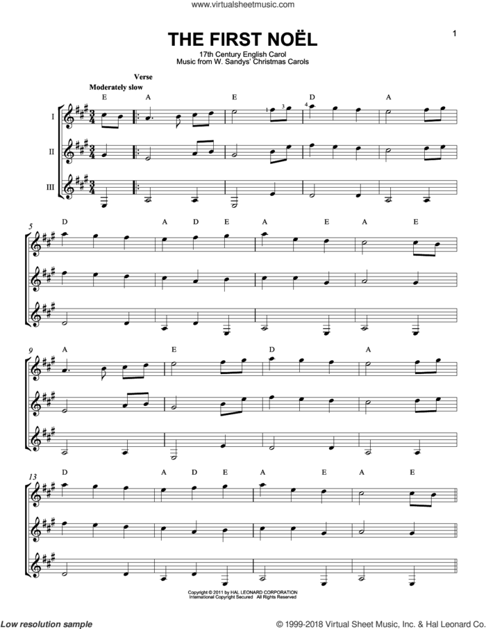 The First Noel sheet music for guitar ensemble by W. Sandys' Christmas Carols and Miscellaneous, intermediate skill level
