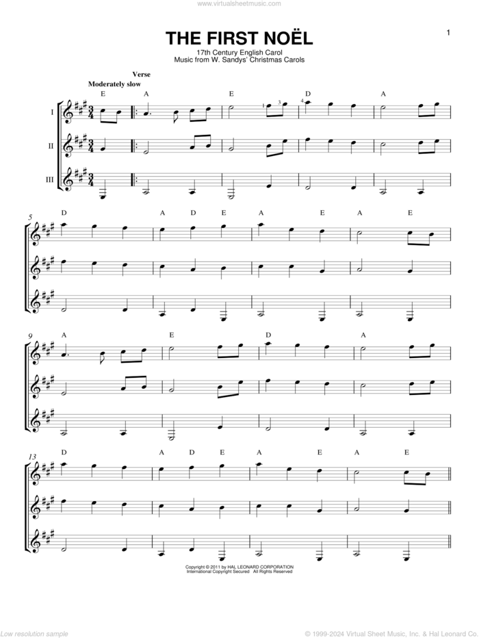 The First Noel sheet music for guitar ensemble by W. Sandys' Christmas Carols and Miscellaneous, intermediate skill level