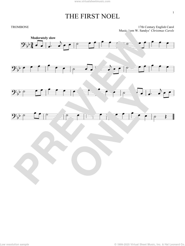 The First Noel sheet music for trombone solo by W. Sandys' Christmas Carols and Miscellaneous, intermediate skill level