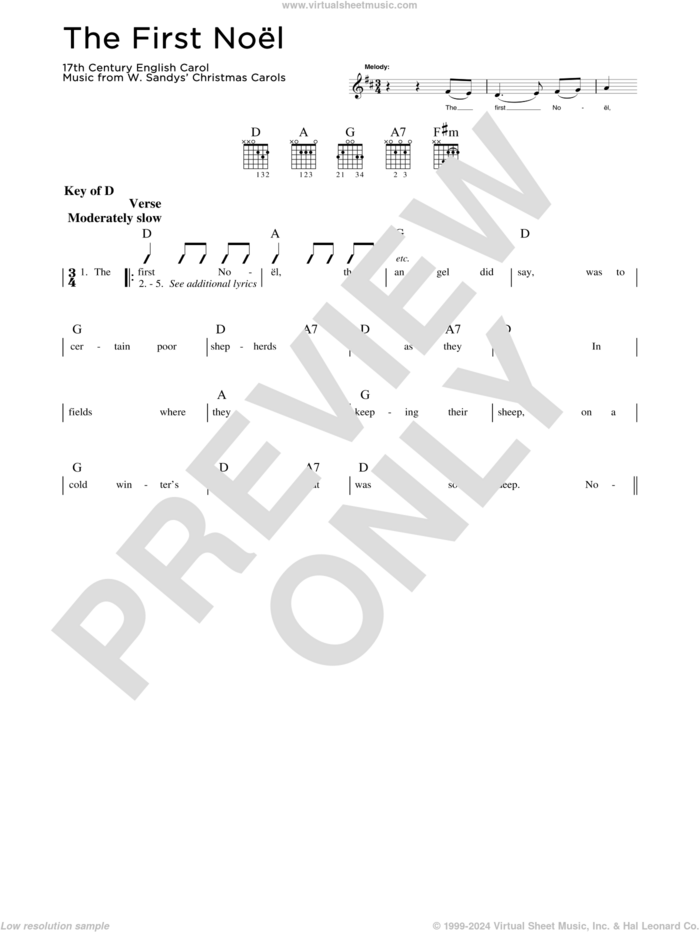 The First Noel sheet music for guitar solo (lead sheet) by W. Sandys' Christmas Carols and Miscellaneous, intermediate guitar (lead sheet)