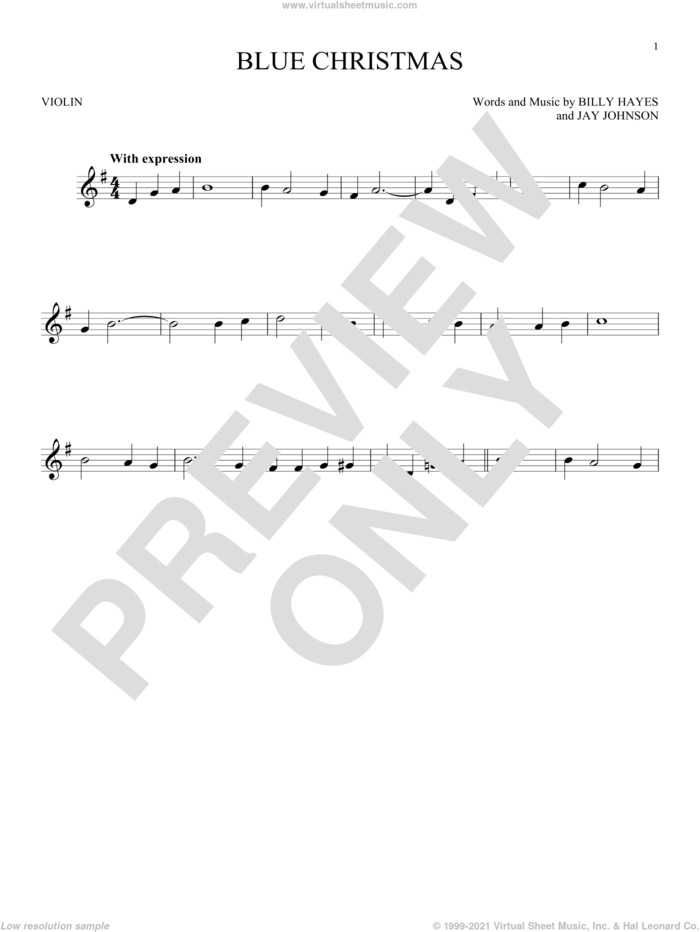 Blue Christmas sheet music for violin solo by Elvis Presley, Browns and Billy Hayes, intermediate skill level