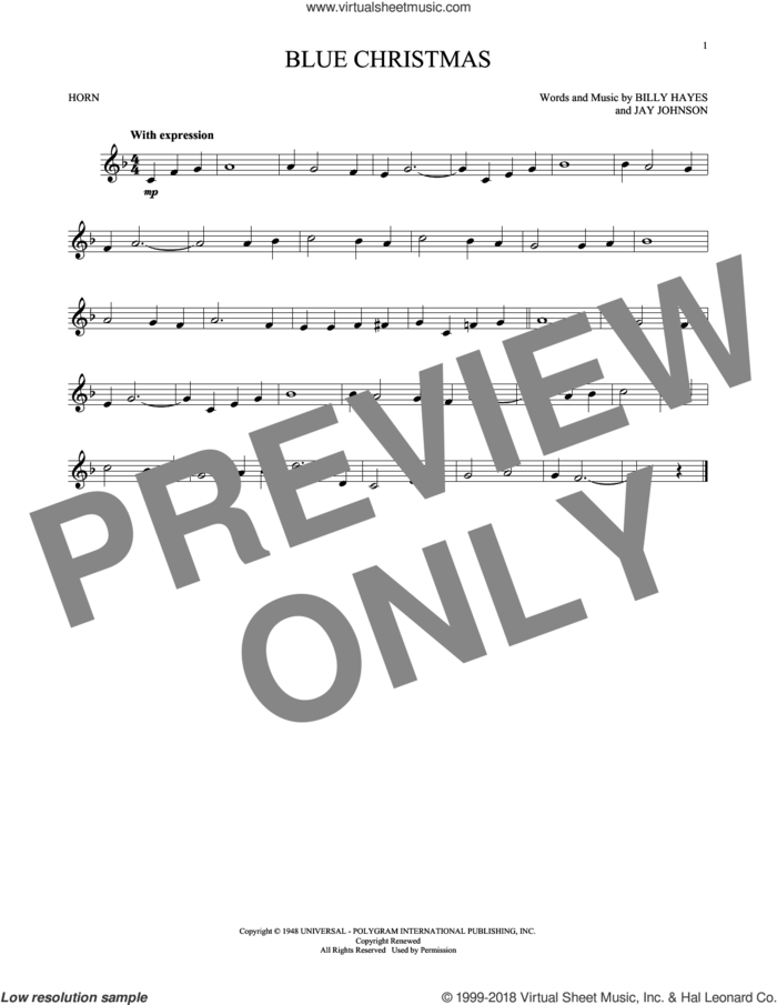 Blue Christmas sheet music for horn solo by Elvis Presley, Browns and Billy Hayes, intermediate skill level