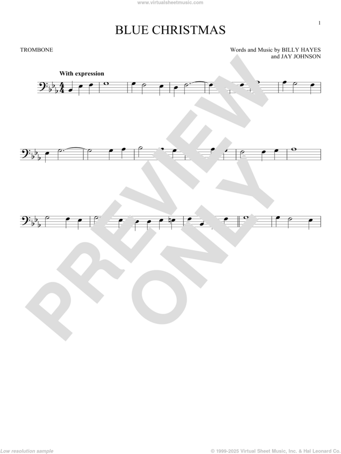 Blue Christmas sheet music for trombone solo by Elvis Presley, Browns and Billy Hayes, intermediate skill level